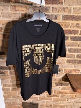 True Religion Black Short Sleeve Tee with Gold Logo Print